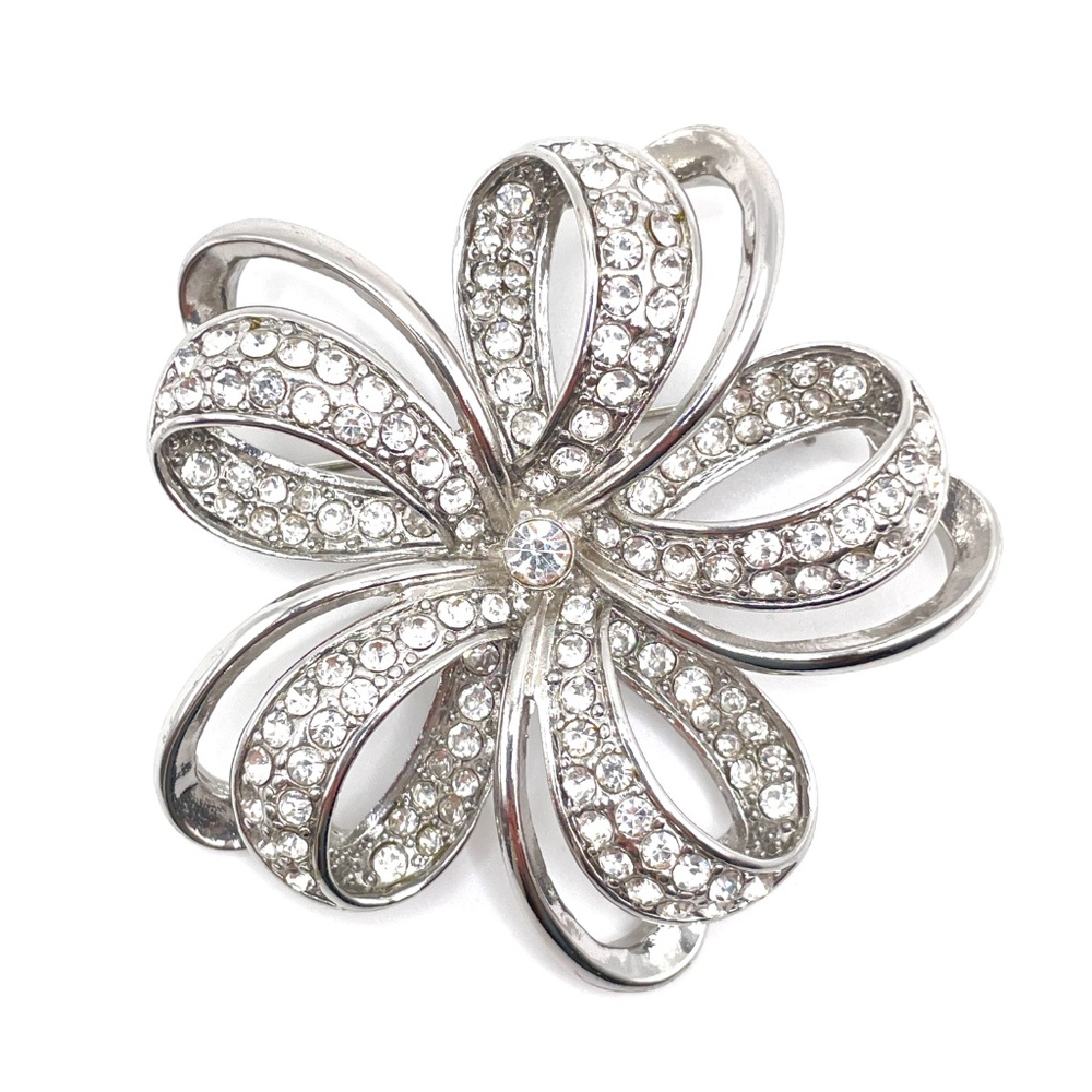 Monet Vintage Rhinestone Ribbon Bow Flower Pin Brooch